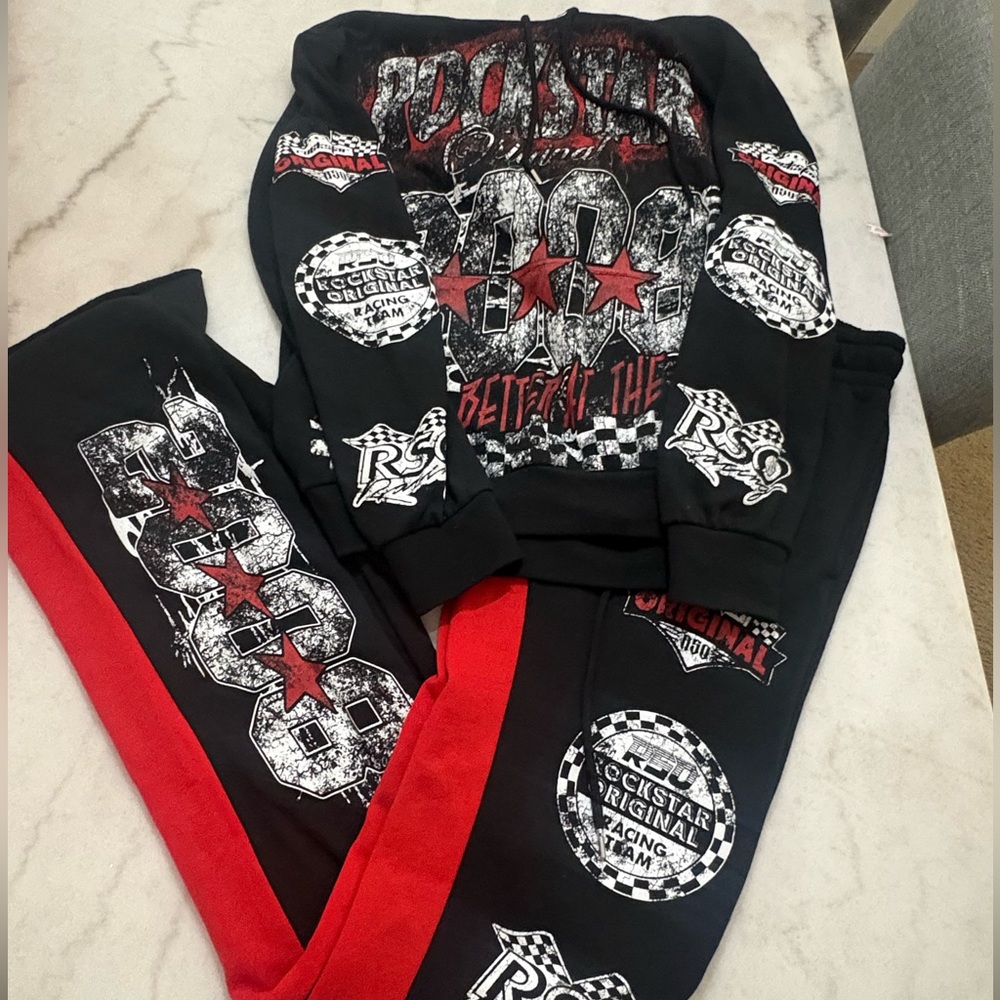 Rockstar Original Black and Red Graphic Jogger Set
